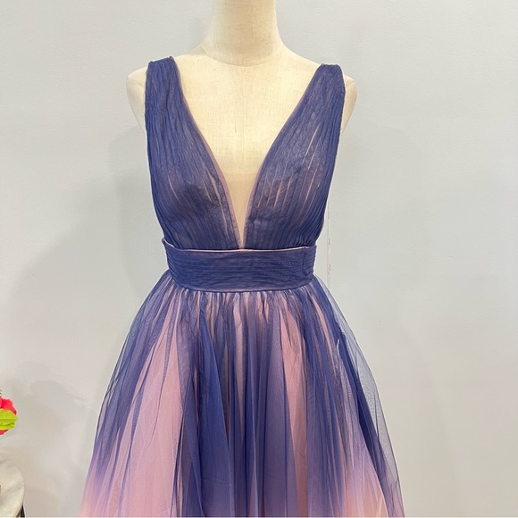 Mac Duggal 20403 Indigo Ombré Tulle Sleeveless V-Neck Midi Dress - Reemoly